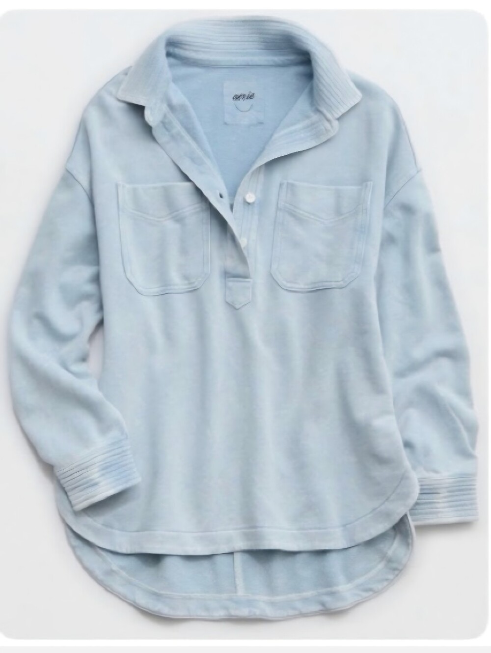 AERIE Popover Polo Washed Blue Oversized Boyfriend Loungewear Sweatshirt SZ XXS